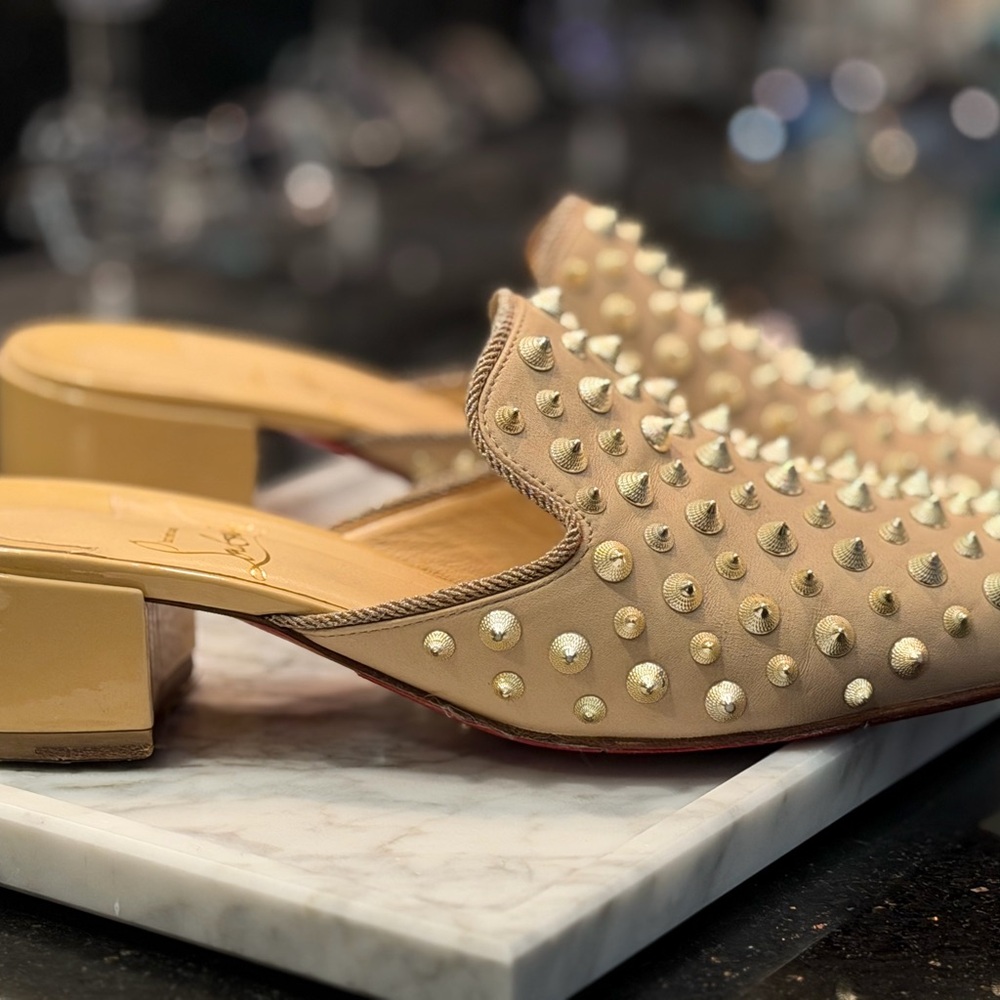 Christian Louboutin Studded Mule Slides EU 37 US 7 Nude Leather Gold Spikes Red